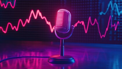 Retro Microphone and Neon Stock Market Graph: Broadcasting Financial News in a Vibrant Studio Setting.