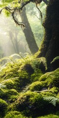 Fototapeta premium moss and ferns growing around the base of ancient trees. The soft moss covers the ground in a lush, green blanket, and the ferns arch gracefully over it