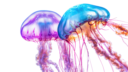 Two colorful jellyfish swimming on transparent background
