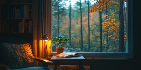 reading table near the window, featuring a warm reading light, a comfortable chair, and the tranquil view of a forest outside