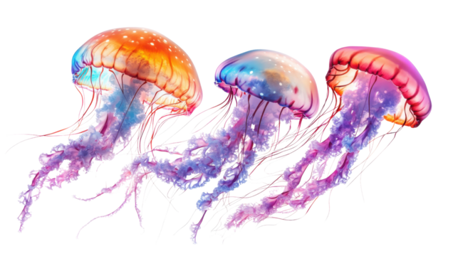 Three colorful jellyfish swimming on transparent background - Powered by Adobe