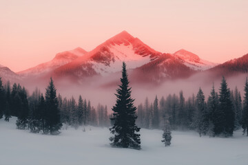 Obraz premium Snowy Mountain Landscape at Sunset with Pine Trees