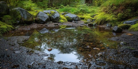 Fototapeta premium stagnant water in a mountain pond at Glenridding, where the rain has ceased, allowing the water to settle and reflect the surrounding natural beauty