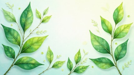Fototapeta premium Serene Green Leaves Watercolor Design A Gentle Springtime Botanical Illustration Featuring Lush Foliage and Delicate Branches on a Soft Blue Background