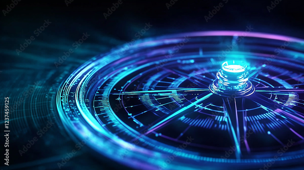Fototapete Futuristic glowing compass showing navigating data on digital interface