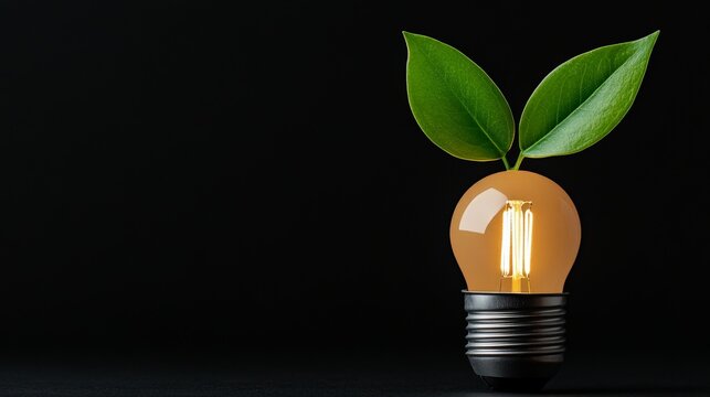 Eco-Innovation: A glowing lightbulb sprouts vibrant green leaves, symbolizing the fusion of innovation and environmental sustainability. A striking visual metaphor for green energy, eco-friendliness.