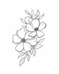 Delicate Hand-Drawn Floral Design with Elegant Flowers and Soft Leaves, Beautiful Line Drawing of Blossoms and Greenery, Intricate Floral Illustration
