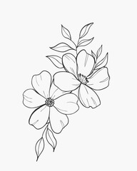 Delicate Hand-Drawn Floral Design with Elegant Flowers and Soft Leaves, Beautiful Line Drawing of Blossoms and Greenery, Intricate Floral Illustration