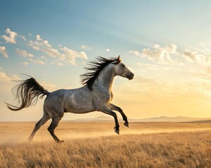 Majestic Horse Galloping Through a Golden Meadow at Sunset
