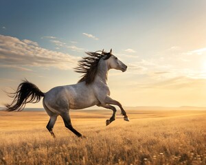 Majestic Horse Galloping Through a Golden Meadow at Sunset