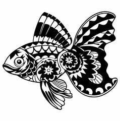 Intricate Ornate Fish Illustration with Floral Patterns, Decorative Black and White Fish Design with Artistic Details, Elegant Fish Artwork with Geometric and Floral Motifs, Beautifully Detailed Fish 