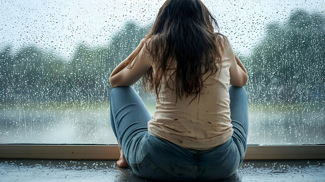 Woman Sitting Lonely on Floor Looking Out Rainy Window