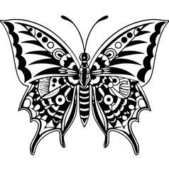 Intricate Black and White Butterfly Design with Floral and Geometric Patterns, Detailed Butterfly Illustration with Decorative Wings, Elegant Butterfly Artwork with Ornate Elements, Artistic Butterfly