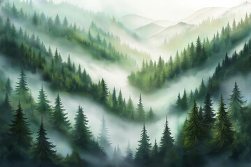 Fototapeta premium Misty landscape with fir forest. Misty pine forest during sunrise