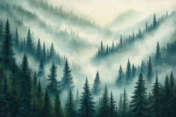 Fototapeta premium Misty landscape with fir forest. Misty pine forest during sunrise