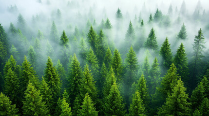 Fototapeta premium Misty landscape with fir forest. Misty pine forest during sunrise