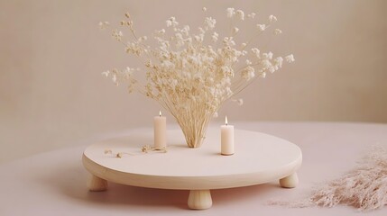 Dried Flowers Candles and Wooden Tray Decor