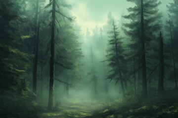 Obraz premium Misty landscape with fir forest. Misty pine forest during sunrise