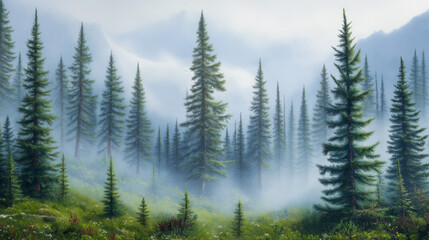 Misty landscape with fir forest. Misty pine forest during sunrise