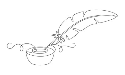 Inkwell with feather pen, drawn with continuous line in minimalism, abstraction, symbol of knowledge, scholarship, giftedness, poetry and inspiration, one line, editable vector contour
