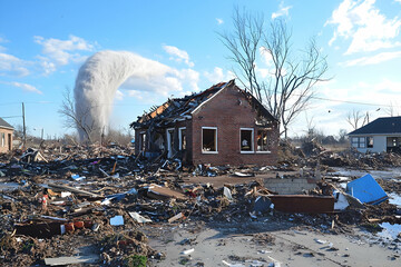 Tornado Destroying Red Brick House in Debris Field
