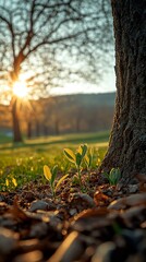 Obraz premium New Life Emerging at Sunrise Spring Seedlings Growing Near Tree Trunk in a Park