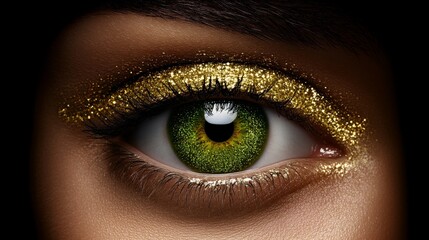 Obraz premium Golden Eye: Close-up of a captivating green eye adorned with shimmering gold glitter eyeshadow, creating a mesmerizing and luxurious look.