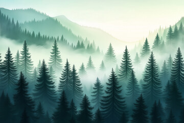 Fototapeta premium Misty landscape with fir forest. Misty pine forest during sunrise