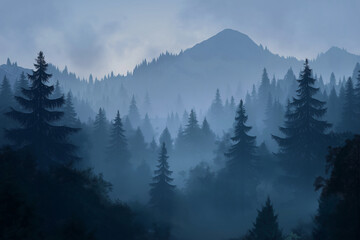 Fototapeta premium Misty landscape with fir forest. Misty pine forest during sunrise