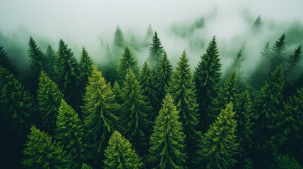 Obraz premium Misty landscape with fir forest. Misty pine forest during sunrise
