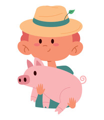 Boy holding a small pink pig with joy