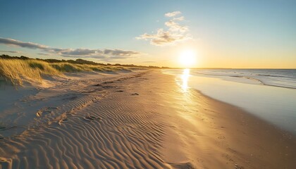 Fototapeta premium Sandy Beach Sunset Golden Hour Coastal Scene