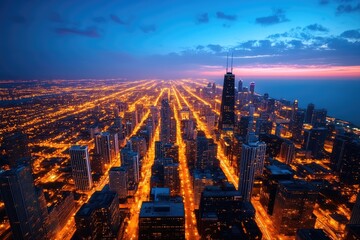 Naklejka premium Chicago Skyline at Dusk: A Breathtaking Aerial View
