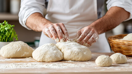 Kneading dough on flour dusted surface, baker prepares for baking