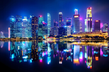 Obraz premium Neon Skyline Reflection: A vibrant cityscape at night, reflected in still waters, showcasing a dazzling array of colorful lights and modern architecture.