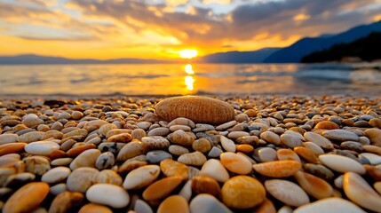 Sunset Serenity: A single, smooth stone rests on a beach at sunset, surrounded by pebbles of varying colors and textures. The warm hues of the setting sun reflect in the calm water.