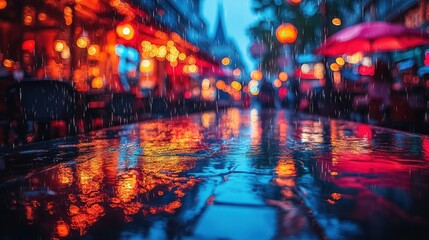 Rainy Night Cityscape: Vibrant Reflections on Wet Pavement