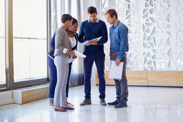 Fototapeta premium Business people, planning or paperwork in startup for teamwork, budget discussion or research. Meeting, investor or collaboration for revenue growth for group project capital, ideas or development