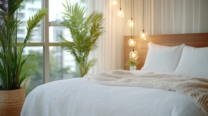Cozy bedroom with warm fairy lights, fluffy comforter, and plants