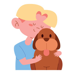 Boy cuddling a brown puppy with affection