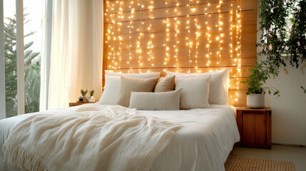 cozy bedroom with warm fairy lights, fluffy comforter, and plants