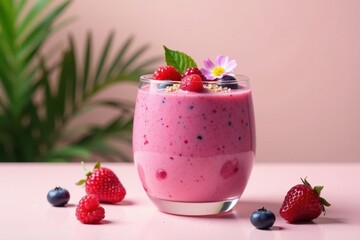 Refreshing Pink Berry Smoothie with Fresh Fruit Garnish in Glass