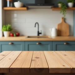 Rustic Kitchen Tabletop with Blurred Background. Great for use in food and beverage advertisements, home decor websites, and social media posts