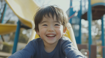 公園の遊具で遊ぶ笑顔な日本の幼児のクローズアップ　3歳、4歳、5歳　幼稚園児　アジア人