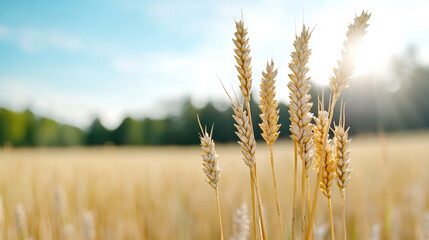 Fototapeta premium Golden wheat stalks sway gently in sunlit field, showcasing nature beauty