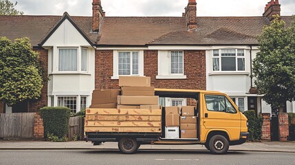 Moving day boxes loaded on van, suburban street. Use real estate