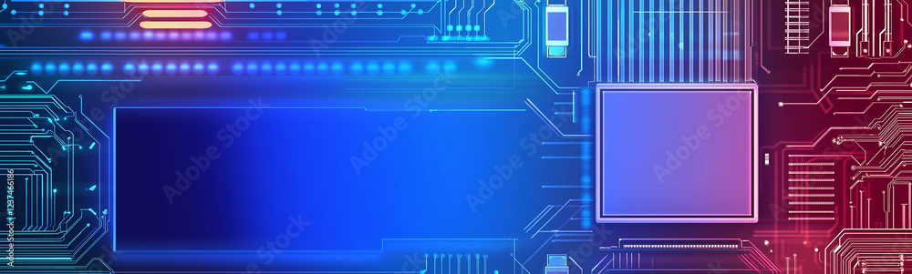 Poster Futuristic circuit board pulsating with data flow in blue and red