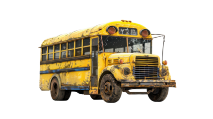 Old abandoned yellow school bus isolated on transparent background