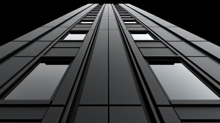 Obraz premium Dark Skyscraper: A dramatic low-angle shot of a sleek, modern skyscraper, its dark facade reflecting the night sky, emphasizing the building's imposing height and architectural details.