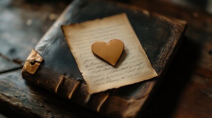 love letter written in simple words for Valentine Day, placed between the pages of an old leather-bound book